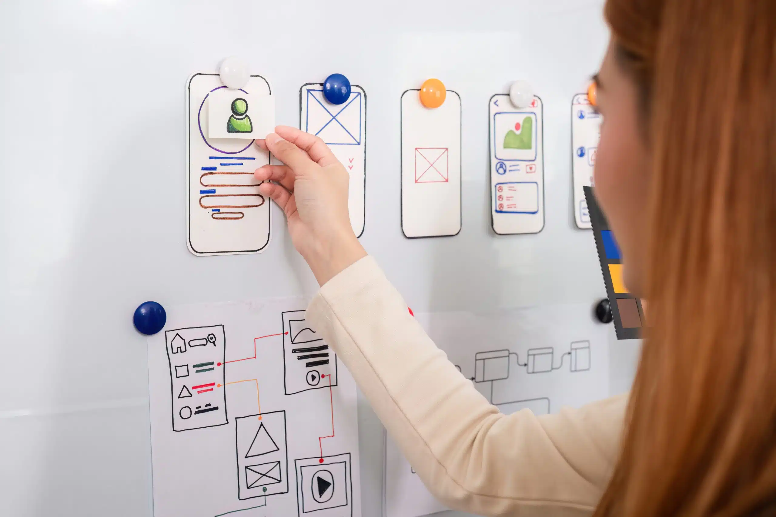 Close up, Making ux ui application design work plan of modern business team brainstorming together in conference room